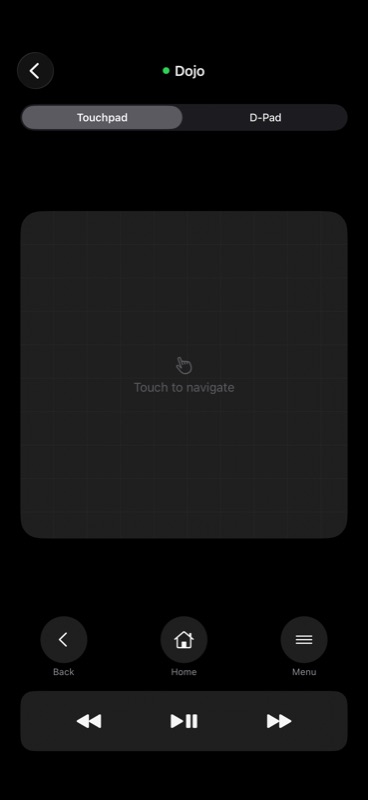 Dirigo Apple TV remote screen showing a touchpad area, transport controls, and volume buttons that pass through to the receiver.