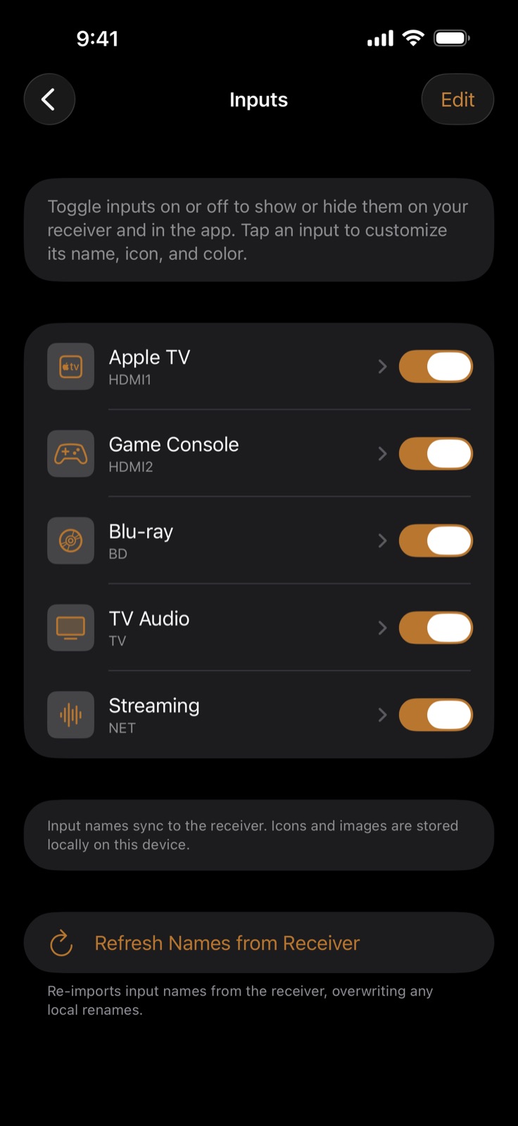 Dirigo's Inputs screen listing Apple TV on HDMI1, Game Console on HDMI2, Blu-ray on BD, TV Audio on TV, and Streaming on NET — each with a custom icon and an on/off switch. A note explains that input names sync to the receiver while icons and images stay on the device, above a Refresh Names from Receiver button.