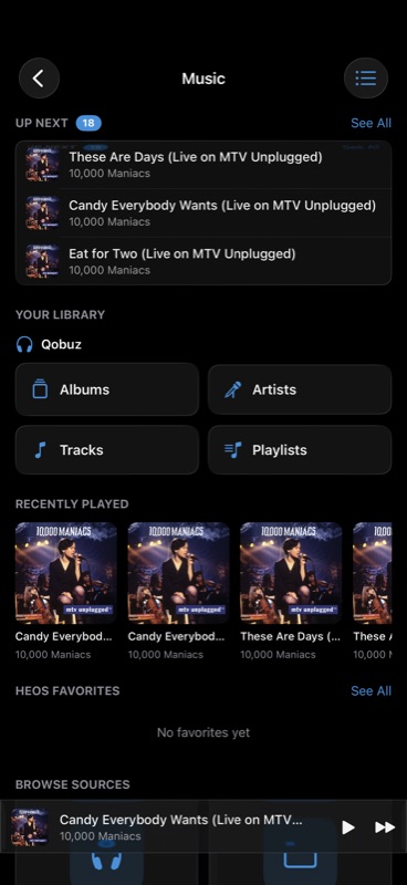Dirigo HEOS music browser showing streaming sources and queue.