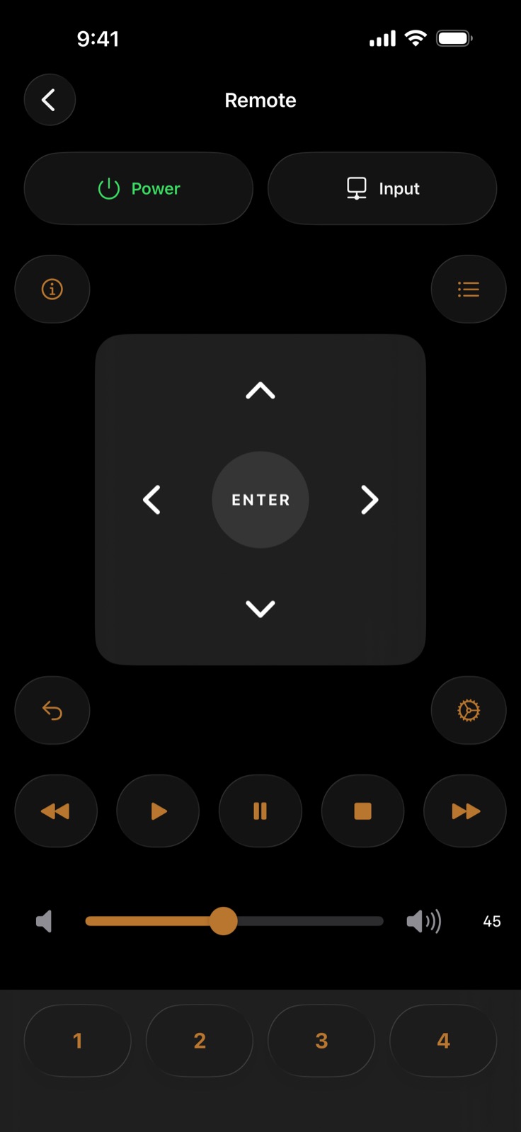 Dirigo's receiver remote screen: a green Power button and an Input button, a directional pad with a centre Enter button, info and menu buttons, rewind, play, pause, stop and fast-forward transport controls, a volume slider at 45, and four Quick Select preset buttons numbered 1 to 4.