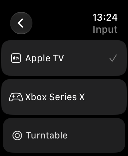 Dirigo's input picker on Apple Watch, listing Apple TV with a checkmark, Xbox Series X and Turntable, each with its own icon.