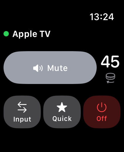 Dirigo on Apple Watch: the Living Room receiver showing the Apple TV input with a green connected dot, the volume at 45 with a Digital Crown indicator beside it, a wide Mute button, and a row of Input, Quick and power buttons.
