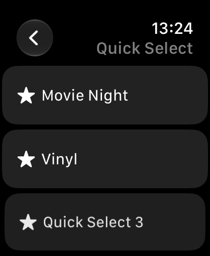 Dirigo's Quick Select picker on Apple Watch, listing Movie Night, Vinyl and Quick Select 3, each with a star icon.
