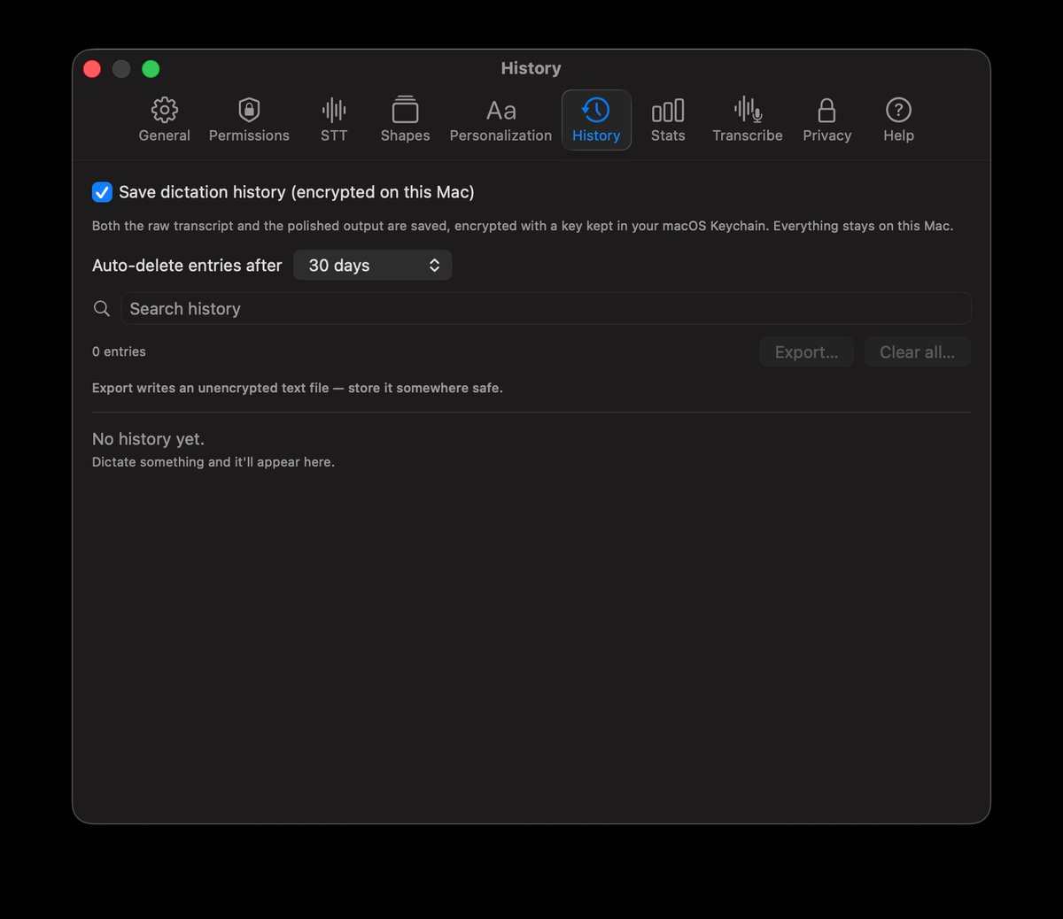 Quoth History tab — a toggle to save dictation history encrypted on this Mac, an auto-delete schedule, search, and export/clear controls.