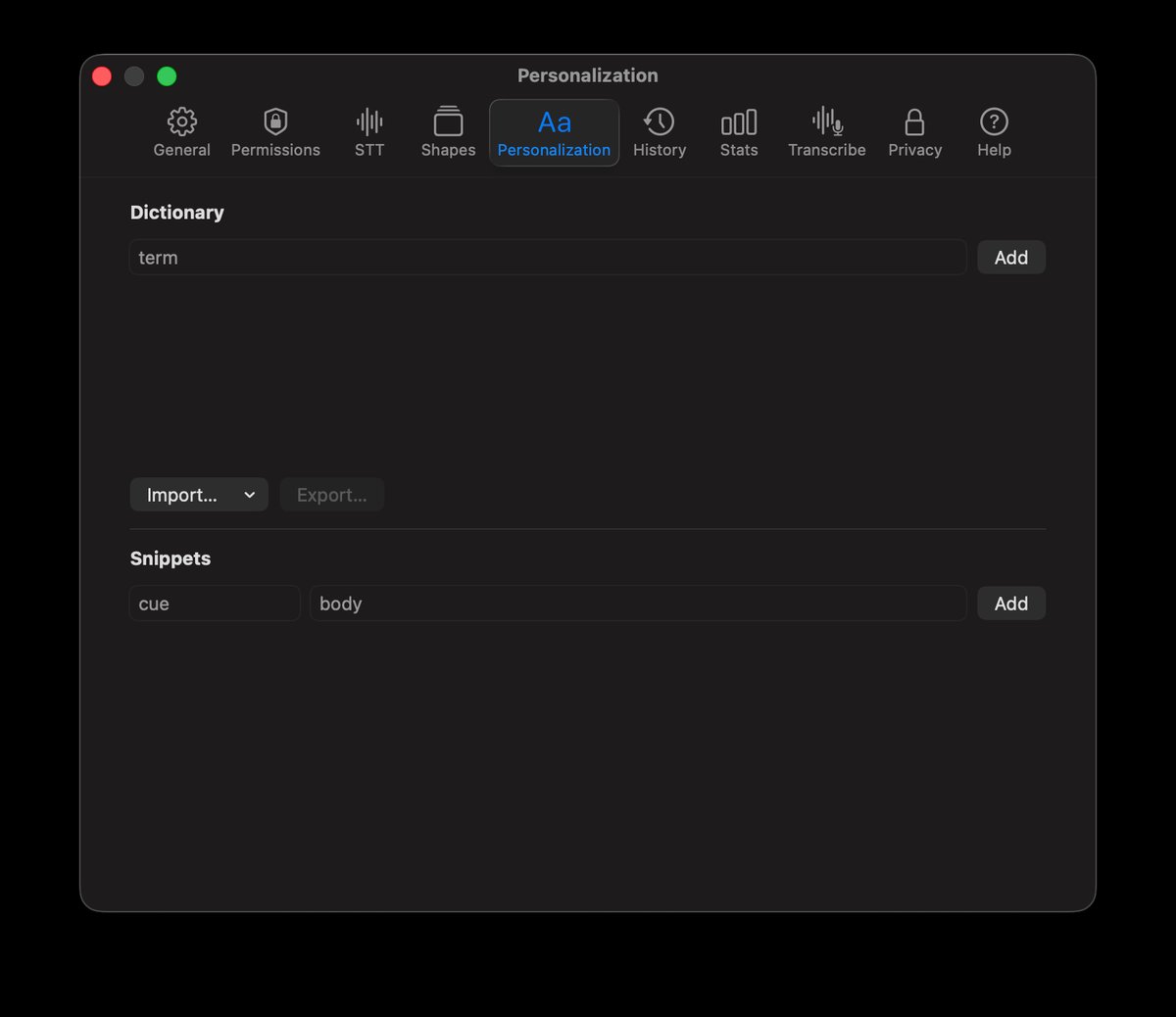 Quoth Personalization tab — a personal dictionary with import and export, and snippet expansions.